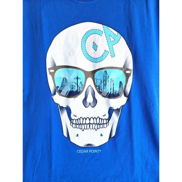 Cedar Point Skull w Sunglasses Men's Large Blue Tee Shirt Roller Coasters - Picture 2 of 4